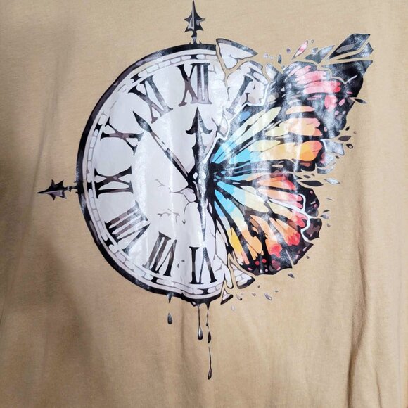 Shein Beige Butterfly Clock Time Flies T-Shirt - Picture 3 of 4
